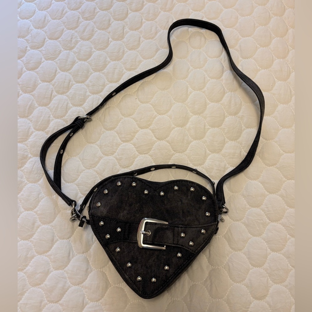 Heart-Shaped Washed Black Denim Studded Crossbody Purse